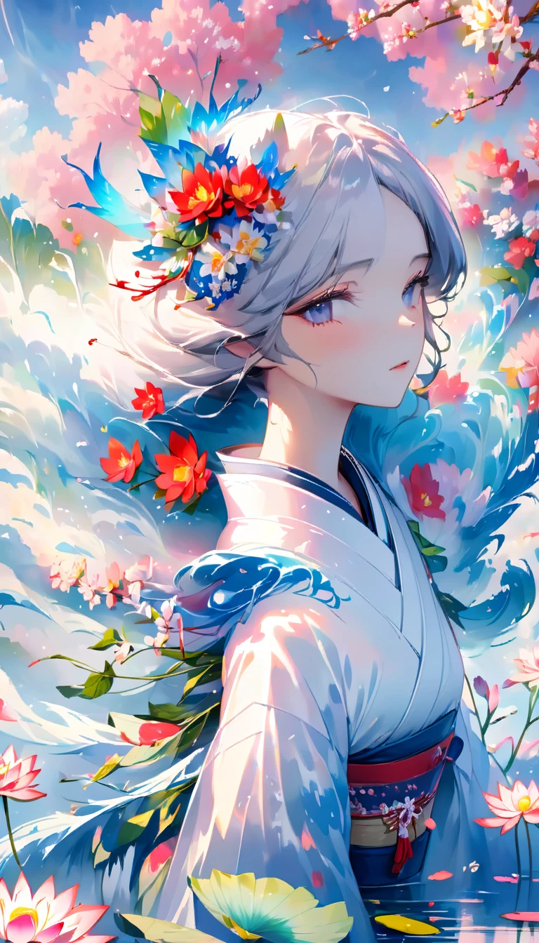 colorful clouds，halo，Reflection on the surface of the water，fan，Gorgeous and luxurious，Glittering，white long hair，On her head she wears a Japanese-style colorful flower crown.，Goddess，Hagoromo，The skin is transparent，whole body，kimono，長いkimonoの裾から片足だけ見えてる，kimonoが濡れて肌が透けている，White dragon on background，White Lotus Flowers．petals dance，water droplets，glossy，god々The beauty，a sad expression，flushed cheeks