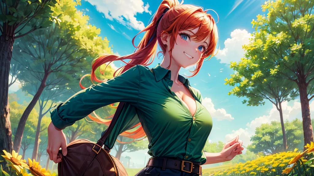 1girl, summer, village, trees, sun, clouds, ((colorful hair)), ponytail, large breasts, cleavage, button down, blue eyes, ((dark green shirt)), ((unbuttoned shirt)), unbuttoning buttons, ((short sleeved shirt)), mini skirt, brown shoes, grin, looking at the viewer, standing, red, white and green hair ribbon, ((golden necklate))