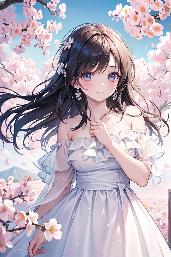 Best quality, masterpiece, ultra high res, (photorealistic:1.4), raw photo, 1girl, white dress, off shoulder, blossom flower field, glowing skin, light smile