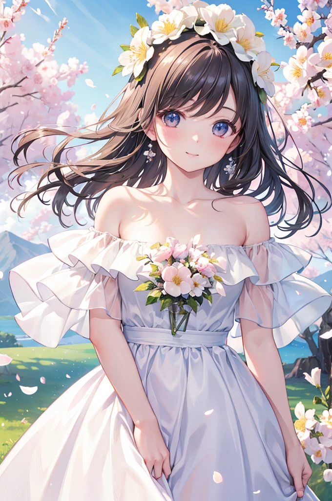 Best quality, masterpiece, ultra high res, (photorealistic:1.4), raw photo, 1girl, white dress, off shoulder, blossom flower field, glowing skin, light smile