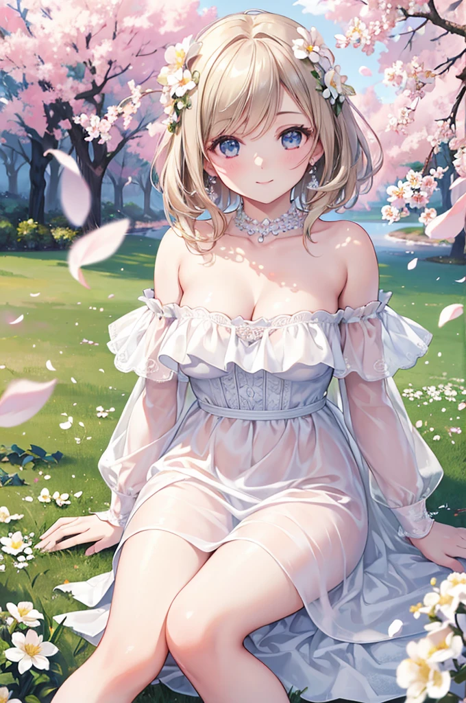 A goddess is floating over the ground, she is dressed in sheer delicate silks, she is the light source emitting a gentle divine radiance, she is relaxing in a field of flowers