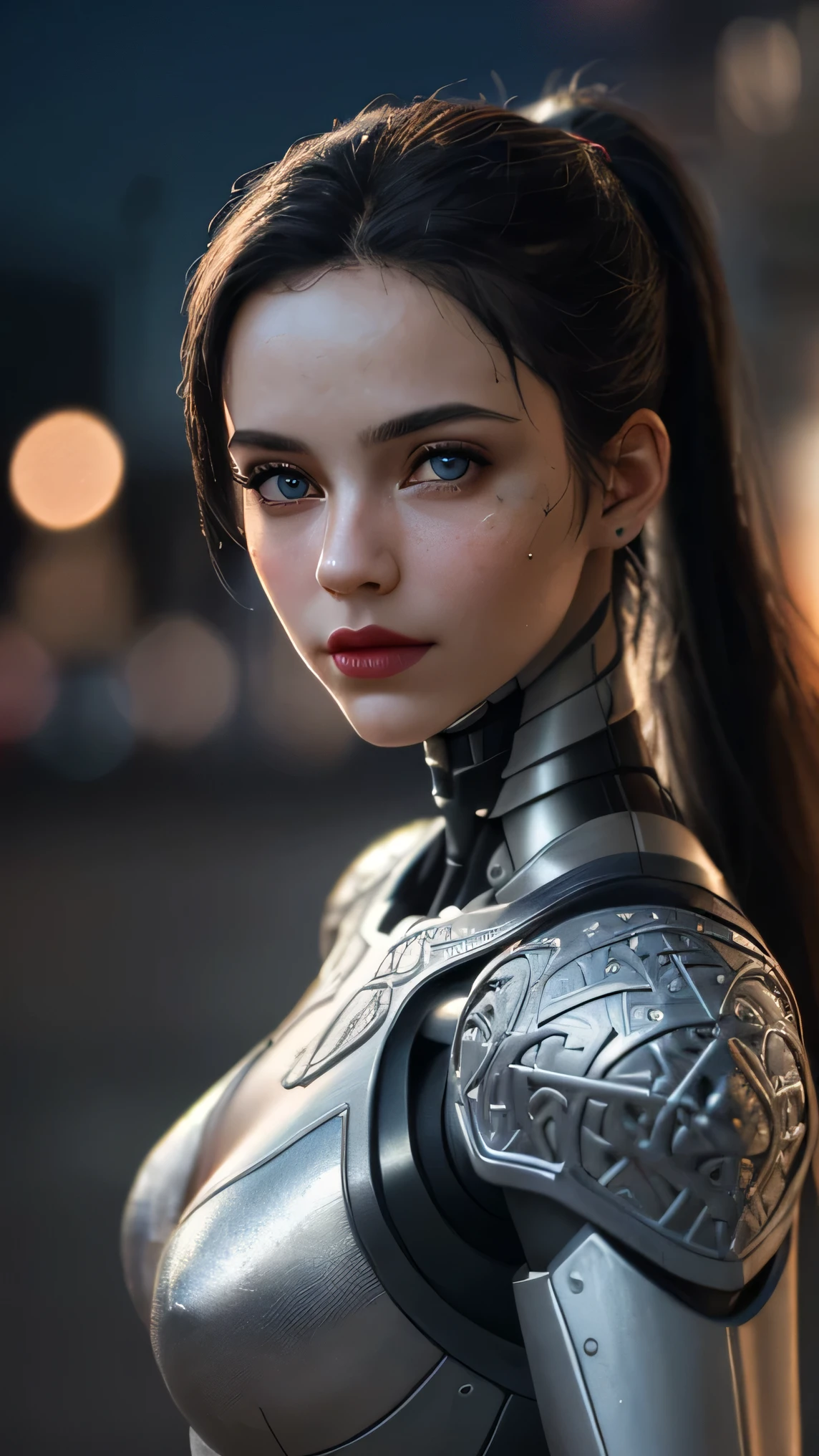 (masterpiece), (extremely intricate:1.3), (realistic), portrait of a girl, the most beautiful in the world, (black cyborg armor), metal reflections, upper body, outdoors, intense sunlight, cyberpunk city street and robot bg, professional photograph of a stunning woman detailed, sharp focus, dramatic, award winning, cinematic lighting, octane render unreal engine, volumetrics dtx, (film grain, blurry background, blurry foreground, bokeh, depth of field, night, motion blur:1.3), sexy, long hair pony tail style, (realism:1.6), (realistic skin texture:1.3), beautiful blue eyes, perfect face, lipstick