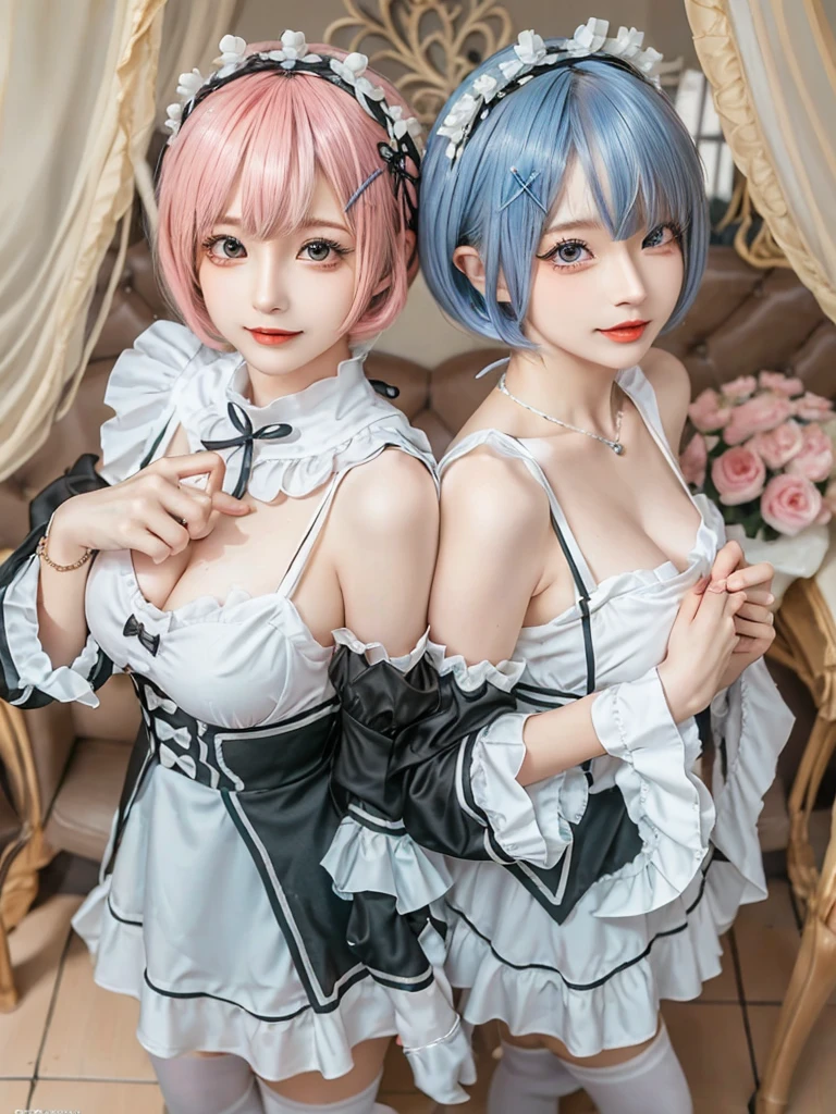 (8K, Photorealistic, Raw photo, of the highest quality: 1.3), (1girl in), Super beautiful, (Realistic face), (boyish, pink Color Berry Shorthair), Beautiful , Glare that captivates the viewer, Beautiful expression, Beautiful breasts, (Realistic skin), Be...Create a detailed and colorful image of Ram and Rem from Re:Zero, standing back-to-back in their maid outfits, with a magical fantasy background、14years old, two girls,cute, perfect face, beautiful, nice body, gothic lolita clothes, gothic lolita fashion, frilly skirt, headdress, necklace, bracelet, knee-high socks, boots, double eyelids, tear bags, Detailed down to the fingers, photo-like description, indoors, dim indoor lighting, one girl is pink hair and short bob, another girl is light blue hair and short bob,standing, sexy posing,whole body, composition that shows the whole body, smiling,The Both of them are wearing the same type of maid outfit