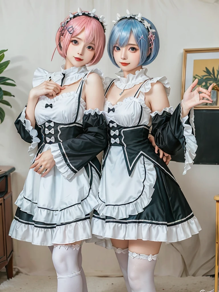 (8K, Photorealistic, Raw photo, of the highest quality: 1.3), (1girl in), Super beautiful, (Realistic face), (boyish, pink Color Berry Shorthair), Beautiful , Glare that captivates the viewer, Beautiful expression, Beautiful breasts, (Realistic skin), Be...Create a detailed and colorful image of Ram and Rem from Re:Zero, standing back-to-back in their maid outfits, with a magical fantasy background、14years old, two girls,cute, perfect face, beautiful, nice body, gothic lolita clothes, gothic lolita fashion, frilly skirt, headdress, necklace, bracelet, knee-high socks, boots, double eyelids, tear bags, Detailed down to the fingers, photo-like description, indoors, dim indoor lighting, one girl is pink hair and short bob, another girl is light blue hair and short bob,standing, sexy posing,whole body, composition that shows the whole body, smiling,The Both of them are wearing the same type of maid outfit