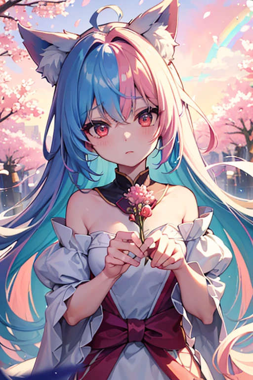 Fox ears, Fox tails, ( masterpiece、top-quality、top-quality、watercolor paiting(Curly)、Official art、Beautifully Aesthetic:1.2)、(1girl in:1.3)、(Fractal Art:1.3)、patterns、(rainbow-colored hair、colourful hair、Half blue and half light pink hair:1.2)、Eau、liquids、 clouds、starrysky、stele、((Rain)),(((cherryblossom))),
1girll, solo, Red Eyes,white haired god,Long whit hair,head gear,Best Shadow, shallowdepthoffield, stunningly beautiful girl, , Delicate, beautiful attractive face, masutepiece, Best Quality,Sprinkle with artistic