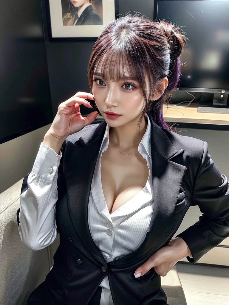 Beautiful woman, 25 years old, high ponytail, bright purple hair, perfect purple hair, Beautiful breasts, (Realistic skin),elegant upper class wearing a black pantsuit, black jacket, white shirt, cleavage visible, black pumps, and a business shirt. Elite secretary, working in the office, wearing a strict business suit, pantsuit style, wearing luxury high heels, girl wearing a shirt, wearing a business suit, wearing a business suit, black nail art, business Wearing a suit, Businessman, Business clothes, Wearing a black business suit, Wearing a white shirt and black jacket, Woman in a business suit, Business suit, Business attire, Raw photo, (8K, highest quality, Masterpiece: 1.2), (Complex Detail: 1.4), (Photoreal: 1.4), Octane Rendering, Complex 3D Rendering Super Detail, Studio Soft Light, Rim Light, Vibrant Detail, Super Detail, Realistic Skin texture, surface details, beautifully detailed eyes, highly detailed CG Unity 16k wallpaper, supplement, (detailed background:1.2),