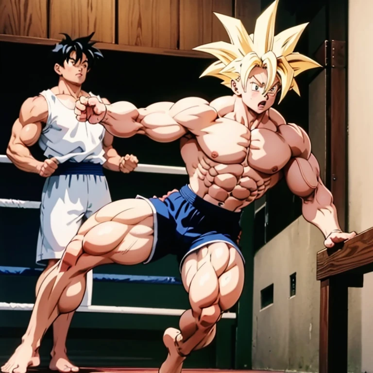 Anime-Stil , High quality full body image of Goku as a bodybuilder;er ist alleine, Ich trage nur einen Tanga , ohne Schuhe, feet, bare feet, massive muscular body, huge muscular shoulders, Massive big biceps, Venen im Bizeps, Muskelbeine, massive muscular abs, Bizepsflex. posierend, Sie schwitzt, very muscular, The toned body shines in the light, im Gym, kickboxing