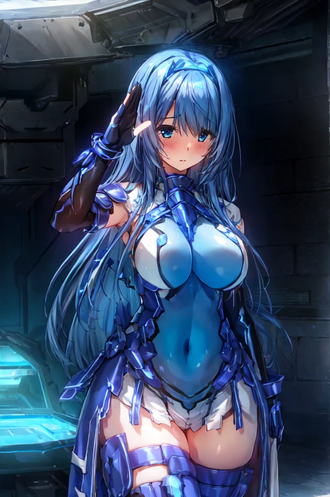 masterpiece, highest quality, realistic, beautiful lighting, 1 girl, bangs, Inside the futuristic base, one-handed salute, blue and white costume, 