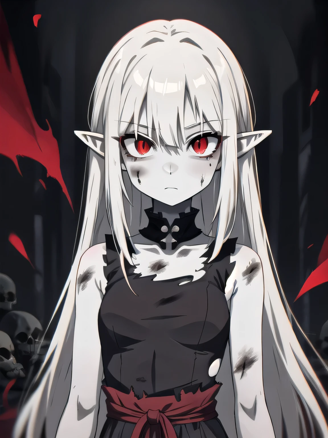 Masterpiece, best quality, 8k, dramatic lighting, 1girl, (((colorless skin, white skin))), white hair, solo, (long hair, straight hair), expressive eyes, intense expression, crazy eyes, red eyes, snake eyes, pointed ears, ((red eyeliner)) , hooked nose, looking at viewer, red hair streaks, dark background, small breasts, albino,(mature female, eye wrinkles), ((torn clothes , peasant clothes, dark gray clothes, wearing rags)), ((dirty clothes)), bare arms, exceptionally skinny, too thin, medium shot, bony, skeleton , ribs chestplate