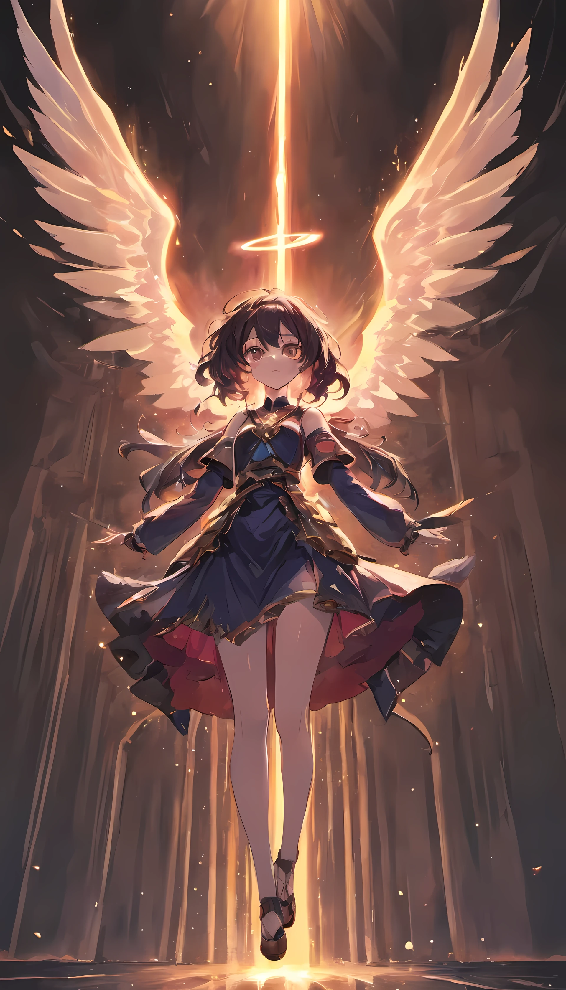 A impressive angel, black opened wings, thin body, holding a dark sword, black long hair, divine light coming from sky, red dark light from below, people dying in the ground, angels flying in the sky, renaissance style, HDR, dualism., Oil painting, vivid, 8k, 12 people, fallen angel.