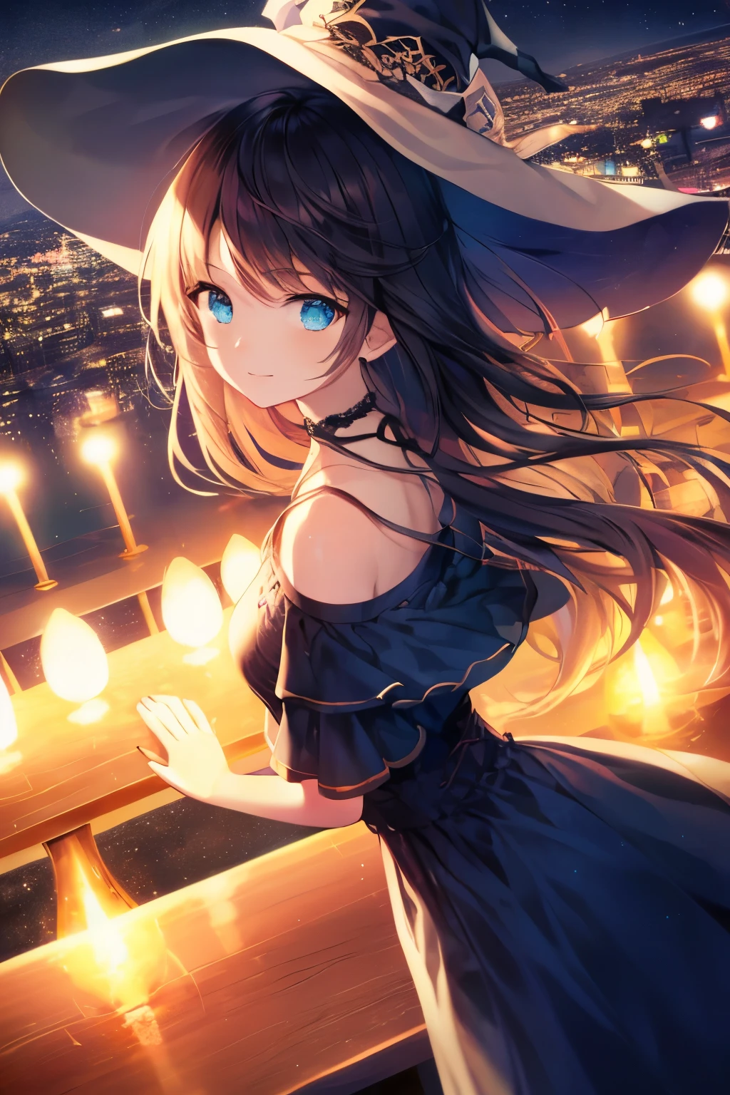 (table top.highest quality).(dynamic angle). (CG painting with very impressive details),(perfect image)、comic strip.shape.1 girl.detailed face、perfect face.delicate face、1 girl, alone, (witch hat), blonde hair, long hair, dress, aurora, night, star (null), mitt, null, White dress, night days、rough skin、black hair.length、((beautiful blue eyes)).delicate and beautiful eyes、fine eyes、reflected eyes、smile.(look at the audience:1.3).(face is a little red:0.8)、8k wallpaper、cowboy shot、reflected light、most detailed、Complex、delicate background、rough skin、fine skin、(super resolution)、