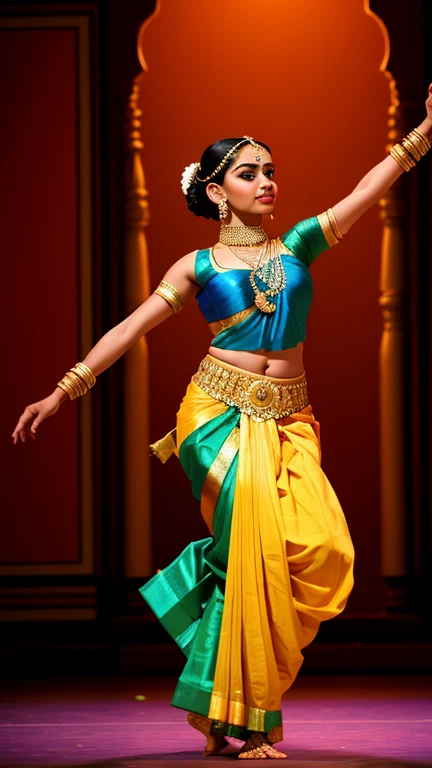 Silhouette of a mesmerizing Indian dancer gracefully moving to the rhythm, captured in a raw and emotive photograph. The dancer, adorned in traditional attire, elegantly portrays the essence of semi-classical dance form. The absence of ghungroos and mudras adds a unique twist to the performance, highlighting the dancer's sheer talent and skill. The image, shot on a Nikon D850 with a film stock photography technique, showcases the vibrant colors and rich textures of the dancer's costume. The silhouette against a captivating background creates a dramatic and ethereal ambiance. This photorealistic masterpiece, with its high resolution and detailed rendering, immerses the viewer in the beauty and artistry of Indian classical dance. The lighting, carefully curated to enhance