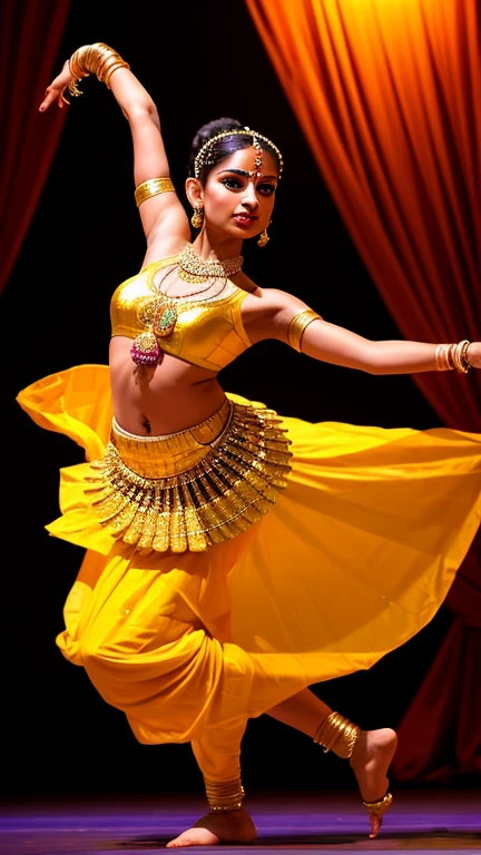 Silhouette of a mesmerizing Indian dancer gracefully moving to the rhythm, captured in a raw and emotive photograph. The dancer, adorned in traditional attire, elegantly portrays the essence of semi-classical dance form. The absence of ghungroos and mudras adds a unique twist to the performance, highlighting the dancer's sheer talent and skill. The image, shot on a Nikon D850 with a film stock photography technique, showcases the vibrant colors and rich textures of the dancer's costume. The silhouette against a captivating background creates a dramatic and ethereal ambiance. This photorealistic masterpiece, with its high resolution and detailed rendering, immerses the viewer in the beauty and artistry of Indian classical dance. The lighting, carefully curated to enhance
