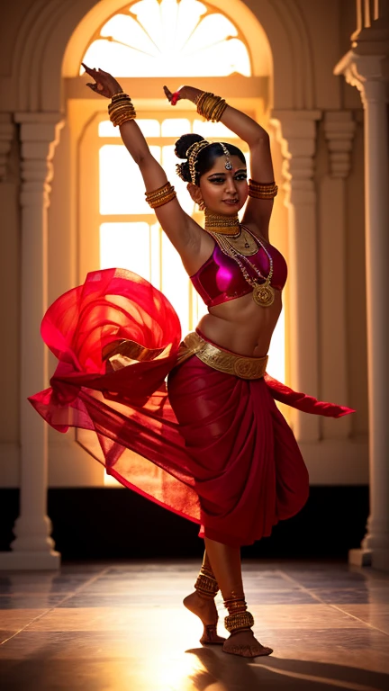 Silhouette of a mesmerizing Indian dancer gracefully moving to the rhythm, captured in a raw and emotive photograph. The dancer, adorned in traditional attire, elegantly portrays the essence of semi-classical dance form. The absence of ghungroos and mudras adds a unique twist to the performance, highlighting the dancer's sheer talent and skill. The image, shot on a Nikon D850 with a film stock photography technique, showcases the vibrant colors and rich textures of the dancer's costume. The silhouette against a captivating background creates a dramatic and ethereal ambiance. This photorealistic masterpiece, with its high resolution and detailed rendering, immerses the viewer in the beauty and artistry of Indian classical dance. The lighting, carefully curated to enhance