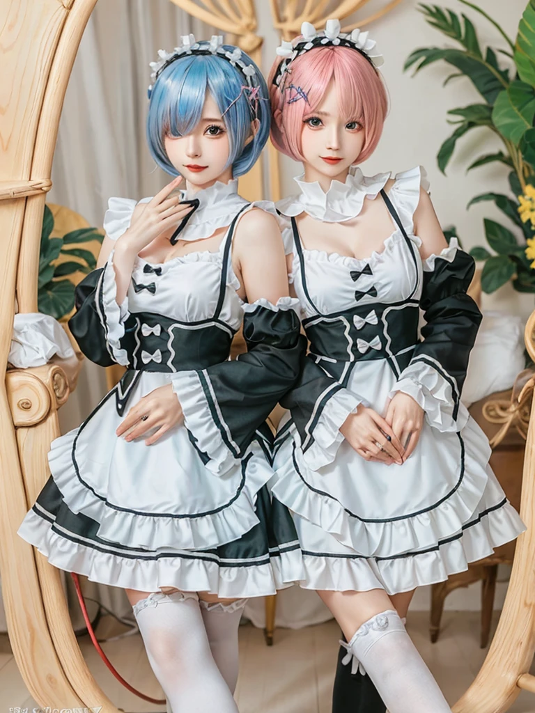 (8K, Photorealistic, Raw photo, of the highest quality: 1.3), (1girl in), Super beautiful, (Realistic face), (boyish, pink Color Berry Shorthair), Beautiful , Glare that captivates the viewer, Beautiful expression, Beautiful breasts, (Realistic skin), Be...Create a detailed and colorful image of Ram and Rem from Re:Zero, standing back-to-back in their maid outfits, with a magical fantasy background、14years old, two girls,cute, perfect face, beautiful, nice body, gothic lolita clothes, gothic lolita fashion, frilly skirt, headdress, necklace, bracelet, knee-high socks, boots, double eyelids, tear bags, Detailed down to the fingers, photo-like description, indoors, dim indoor lighting, one girl is pink hair and short bob, another girl is light blue hair and short bob,standing, sexy posing,whole body, composition that shows the whole body, smiling,The Both of them are wearing the same type of maid outfit
