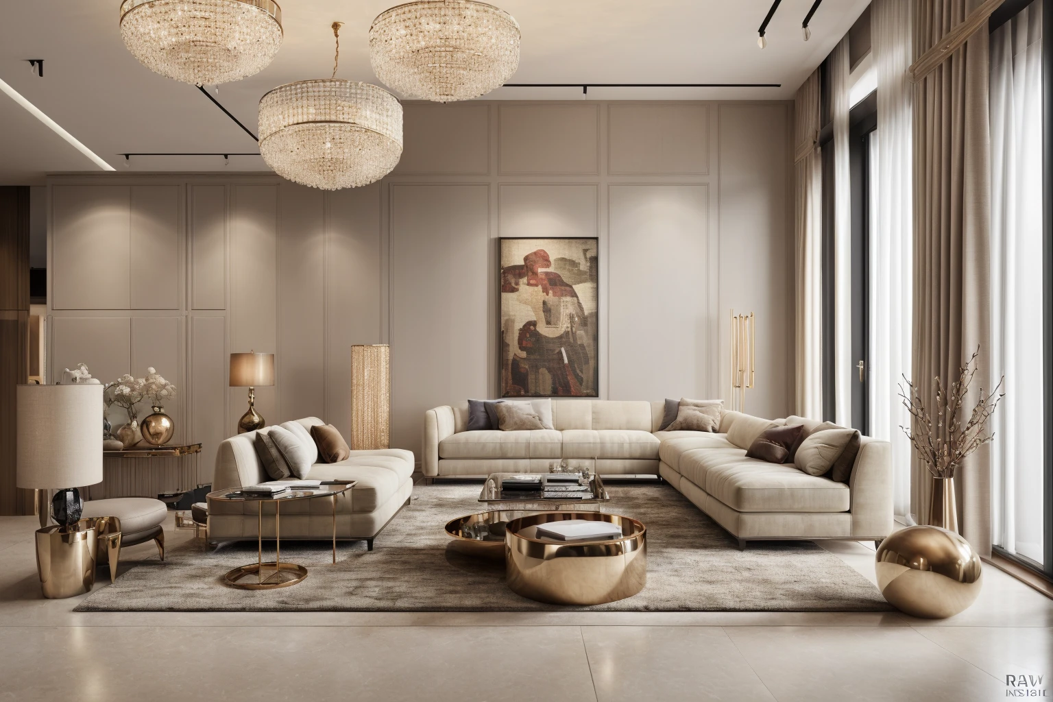 Raw photo, Masterpiece, high quality, best quality, authentic, super detail, luxury living room interior, neutral light color tone, (realistic:1.2), 