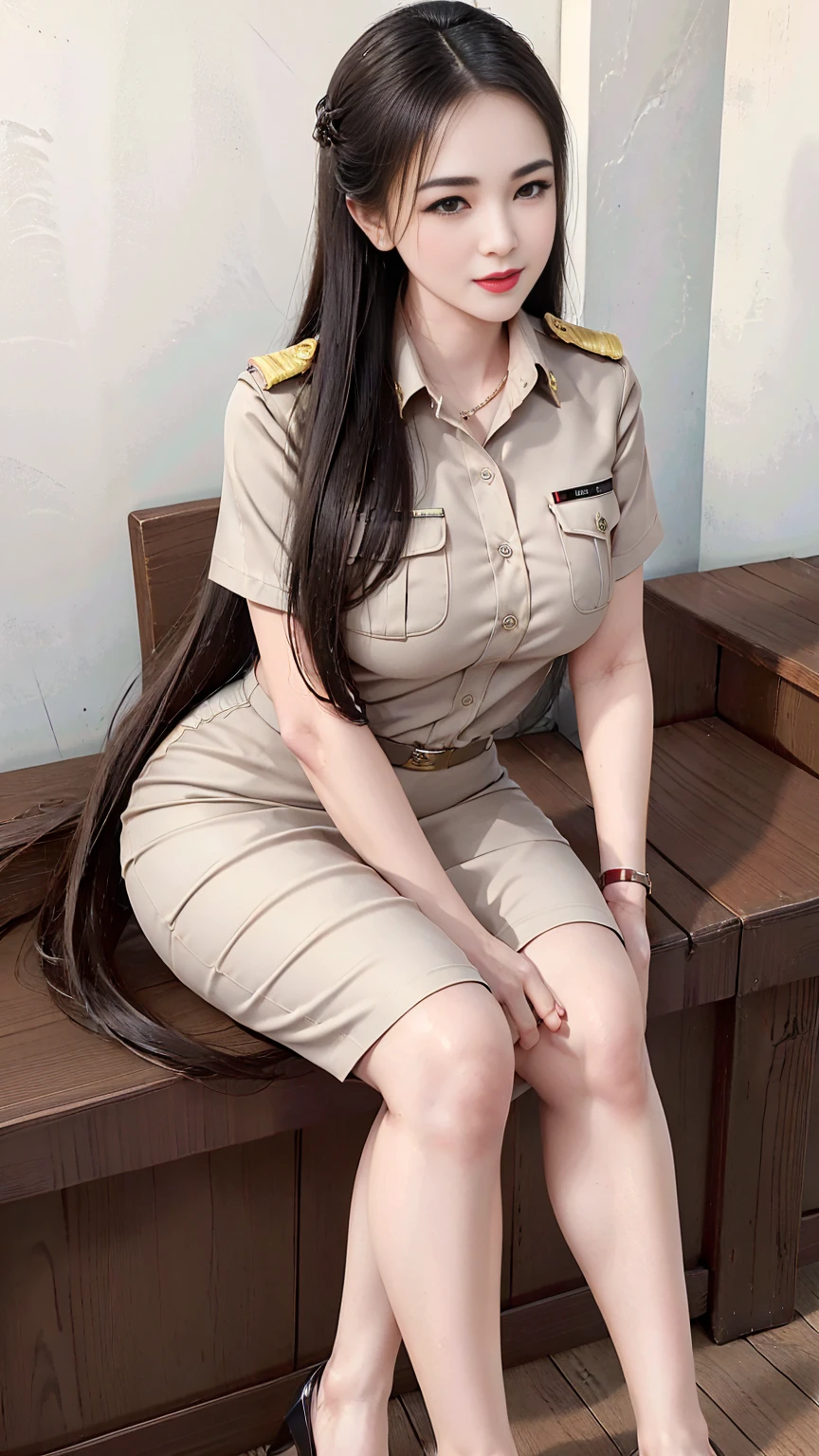 Khaki suit, khaki civil servant, Thai teacher uniform:1.3, สาวสวยlong hairเป็นพิเศษ, (long hairสองเมตร, long hairมากกว่าสองเมตร, long hairสีดำ, Her hair is very long., long hair, long hairเงางาม, long hairหนา, Soft and smooth hair, long hairเป็นพิเศษ), Dynamic posts, like full body, (Short sleeve shirtสีกากี, Short pencil skirtสีกากี, side cut, Decorated with military insignia.., black high heels), (The sexiest, small waist, hips raised, small thighs, Long legs), (big breastsโต, big breasts:1.5, big breast, Very big breasts, eye-catching breasts, big breastsทะลุเสื้อ, Not all coverage, big breast, big breast, Good cup breasts), (สาวlong hairสองเมตร), (Beautiful face, red lips, Very shiny, แต่งBeautiful face), Military rank insignia, (Short pencil skirt, tight, Short sleeve shirt, tight fitting), in the background, blurred garden, Dynamic posts, stand, walk, Incredible view, highest resolution, sharpness, HDR, CG, 16K, (สาวสวยในKhaki suit, khaki civil servant, Thai teacher uniform:1.3), (สาวสวยlong hairเป็นพิเศษ, long hairสองเมตร, long hairที่ดึงดูดสายตา, long hairดำ, Her hair is very long., long hairเป็นเงางาม, long hairหนานุ่ม, long hairพิเศษ), Dynamic posts, like full body, (Short sleeve shirtสีกากี, short pencil skirtสีกากี, black high heels), (The sexiest, small waist, hips raised, small thighs, Long legs), (big breastsโต, big breasts:1.5, big breast, Very big breasts, Eye-catching breasts, Large breasts pierce the shirt, Not completely covered, big breast, Huge breast, Big tits D), (สาวlong hairสองเมตร, Beautiful face, red lips, Very shiny, แต่งBeautiful face), Military rank insignia, (short pencil skirt, รัดtight, Short sleeve shirt, tight fitting), in the background, blurred garden. ultra short skirt, , Focus on short skirts, นางแบบstand, walk, straight face, Open the top button., standหน้าเสาธง, In front of the school gate