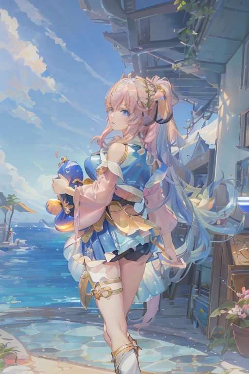 cornflower art, fantastic, (a beautiful girl，Anime style girl，blue eyes，long hair，wearing light clothes，shining，long sleeve，open chest，short skirt，pink big breasts，White，，beautiful butt，Nice butt，Ahead is the beach and bright blue sky，There are clouds above，There are palm trees in the background on both sides of the picture，，Nothing under the skirt