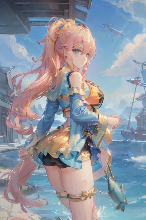 cornflower art, fantastic, (a beautiful girl,Anime style girl,blue eyes,long hair,wearing light clothes,shining,long sleeve,open chest,Short skirt swimsuit,pink big breasts,White,and,heart on top,beautiful butt,Nice butt,前面是海滩and明亮的蓝天,There are clouds above,There are palm trees in the background on both sides of the picture,There are also a lot of blue and fish swimming around in the sea,