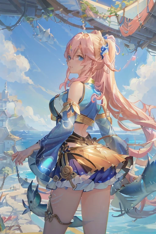 cornflower art, fantastic, (a beautiful girl,Anime style girl,blue eyes,long hair,wearing light clothes,shining,long sleeve,open chest,short skirt,pink big breasts,White,,beautiful butt,Nice butt,Ahead is the beach and bright blue sky,There are clouds above,There are palm trees in the background on both sides of the picture,,Nothing under the skirt