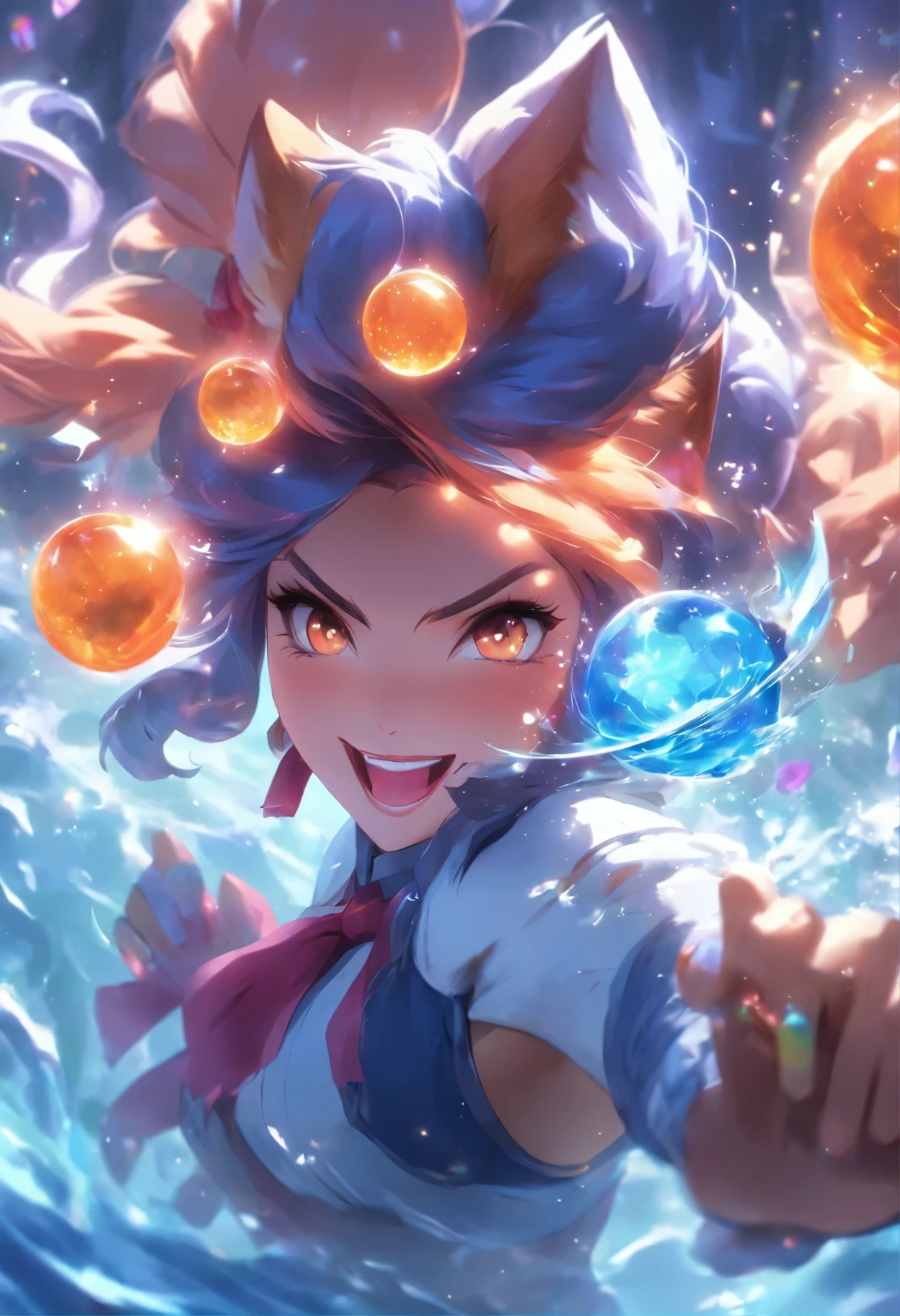 masterpiece, best quality, high resolution, More 1, crown, Sailor Senji, Blue sailor collar, bow, knee high boots, collar, White gloves, blue collar, elbow gloves, jewelry, earrings, blue skirt, Cowboy shooting, sphere, crystal ball, 1girl water yushu water,Ahri, Ahri \(League of Legends\), k/and \(League of Legends\), bloom \(League of Legends\)，Animal ears, facial markings, fox ears, fox Tail, orange eyes, multiple Tails, Tail