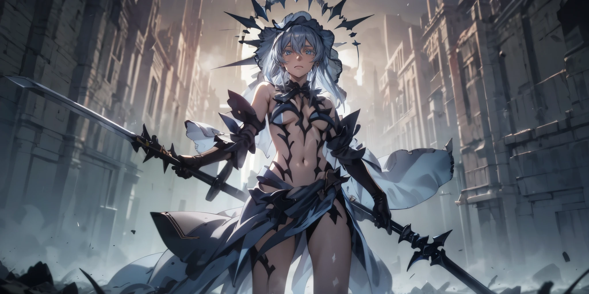 Eft_akame_esdeath, light-blue hair, silver eyelashes, long hair, military hat, curvy, anatomically correct, heavy breathing, mature female, breasts, 1girl, holding, sword, solo, blue_eyes, holding_weapon, short_hair, holding_sword, outfit-origami, halo, veil, navel, elbow gloves, detached sleeves, frills, bow, navel, standing, dual_wielding, closed_mouth, glowing, bangs, gloves, earrings, looking_at_viewer, glowing_weapon, "glow effects, godrays, Hand drawn, render, 8k, octane render, cinema 4d, blender, dark, atmospheric 4k ultra detailed, cinematic, Sharp focus, big depth of field, Masterpiece, colors, 3d octane render, 4k, concept art, trending on artstation, hyperrealistic, Vivid colors, extremely detailed CG unity 8k wallpaper, trending on CGSociety, Intricate, High Detail, dramatic", anime coloring, anime screencap, sweating, steaming body, fog
