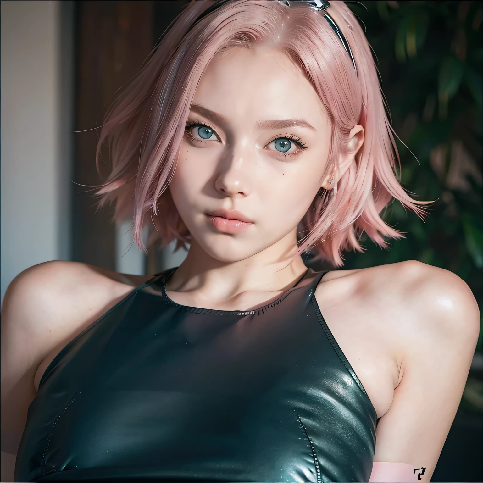 young woman, short shoulder-length pink hair, wide forehead, porcelain skin, pink eyebrows, big emerald green eyes, buttoned nose, full lips, heart-shaped face, slender body, small breasts, red tank top, Sakura Haruno , realistic, realism, details, 3d, well detailed
