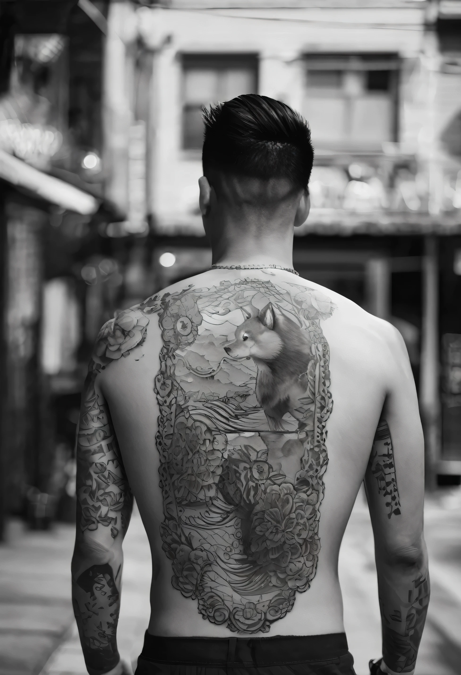 black and white photo of a mans back, having shiba inu tattooed on his back