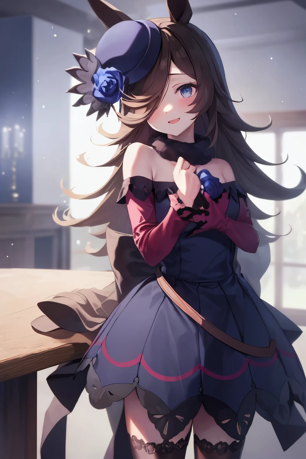(table top.highest quality).(dynamic angle). (CG painting with very impressive details),(perfect image)、comic strip.shape.1 girl.detailed face、perfect face.delicate face、girl wearing a delicate uniform、rough skin、black hair.length、(Umamimi Girl)Umamimi Girl、((beautiful blue eyes)).delicate and beautiful eyes、fine eyes、reflected eyes、smile.(look at the audience:1.3).(face is a little red:0.8)、8k wallpaper、cowboy shot、reflected light、most detailed、Complex、delicate background、rough skin、fine skin、(super resolution)、wearing a uniform