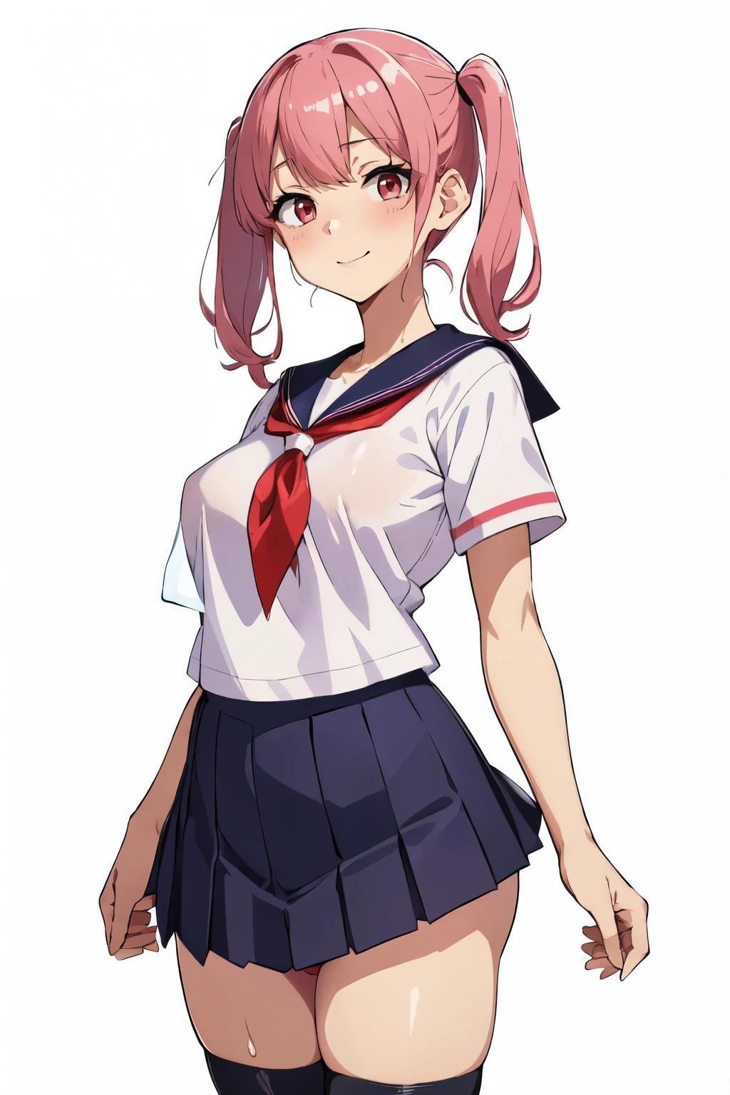 pink hair、((short sleeve sailor suit、navy pleated skirt、black tights))、(white background)、Standing picture、Ultra-detailed illustrations、Super precise expression、masterpiece、highest quality、ultra High resolution、High resolution、(small breasts:1.3)、(Sweat、body fluid:1.2)、shiny skin、(medium hair、short twin tails、young、red eyes、Slender)、Mommyfy、(smile)