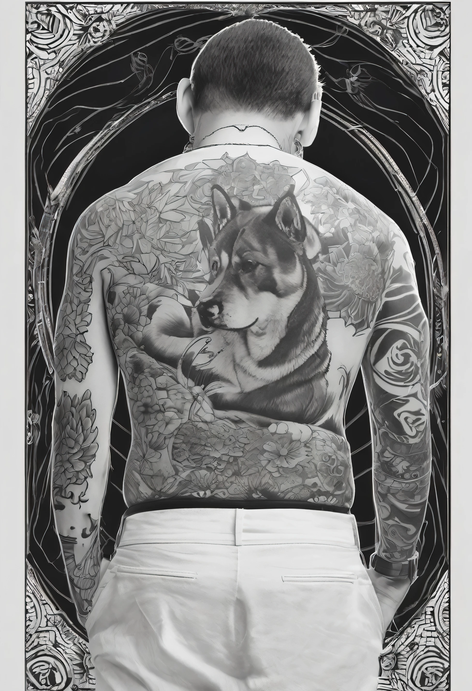 black and white photo of a mans back, having shiba inu tattooed on his back