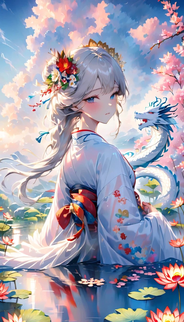 colorful clouds,halo,Reflection on the surface of the water,fan,Gorgeous and luxurious,Glittering,white long hair,A Japanese-style flower crown on the head,Goddess,Hagoromo,The skin is transparent,whole body,The person is far away,kimono,長いkimonoの裾から片足だけ見えてる,kimonoが濡れて肌が透けている,A casual white dragon in the background,White Lotus Flowers.petals dance,water droplets,glossy,god々The beauty,a sad expression,flushed cheeks