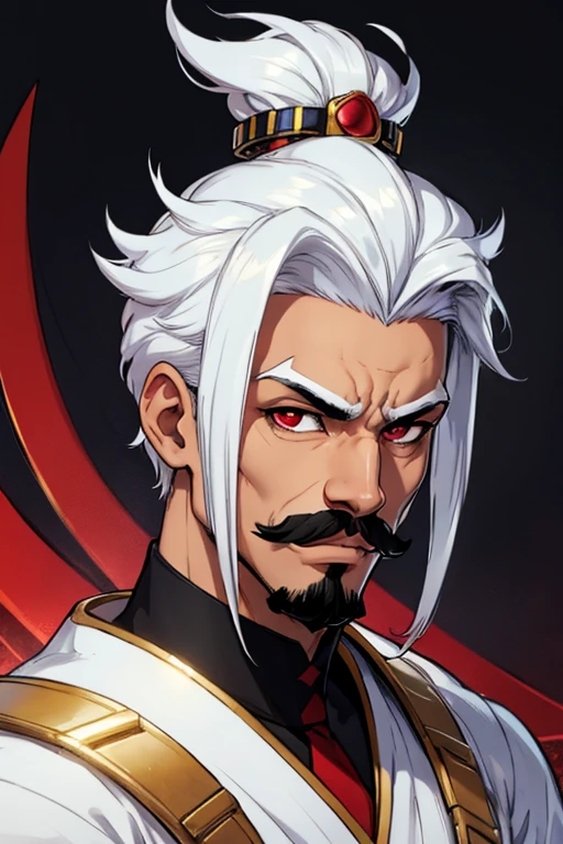 ((Alone)) Black man, white hair combed back, red eyes, Egyptian style, perfect eyes, perfect face, goatee, mustache