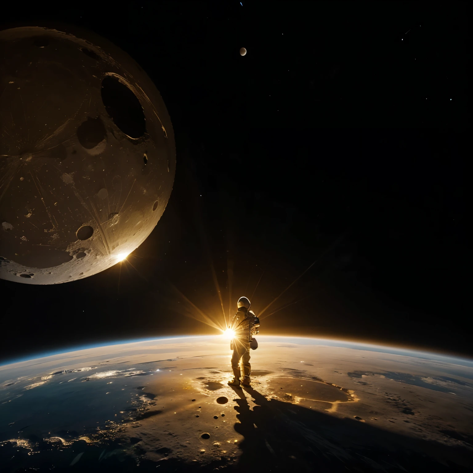 Golden metallic round disk-shaped spaceship standing in front of the earth wing in space watching the projected shadow of the moon on the earth