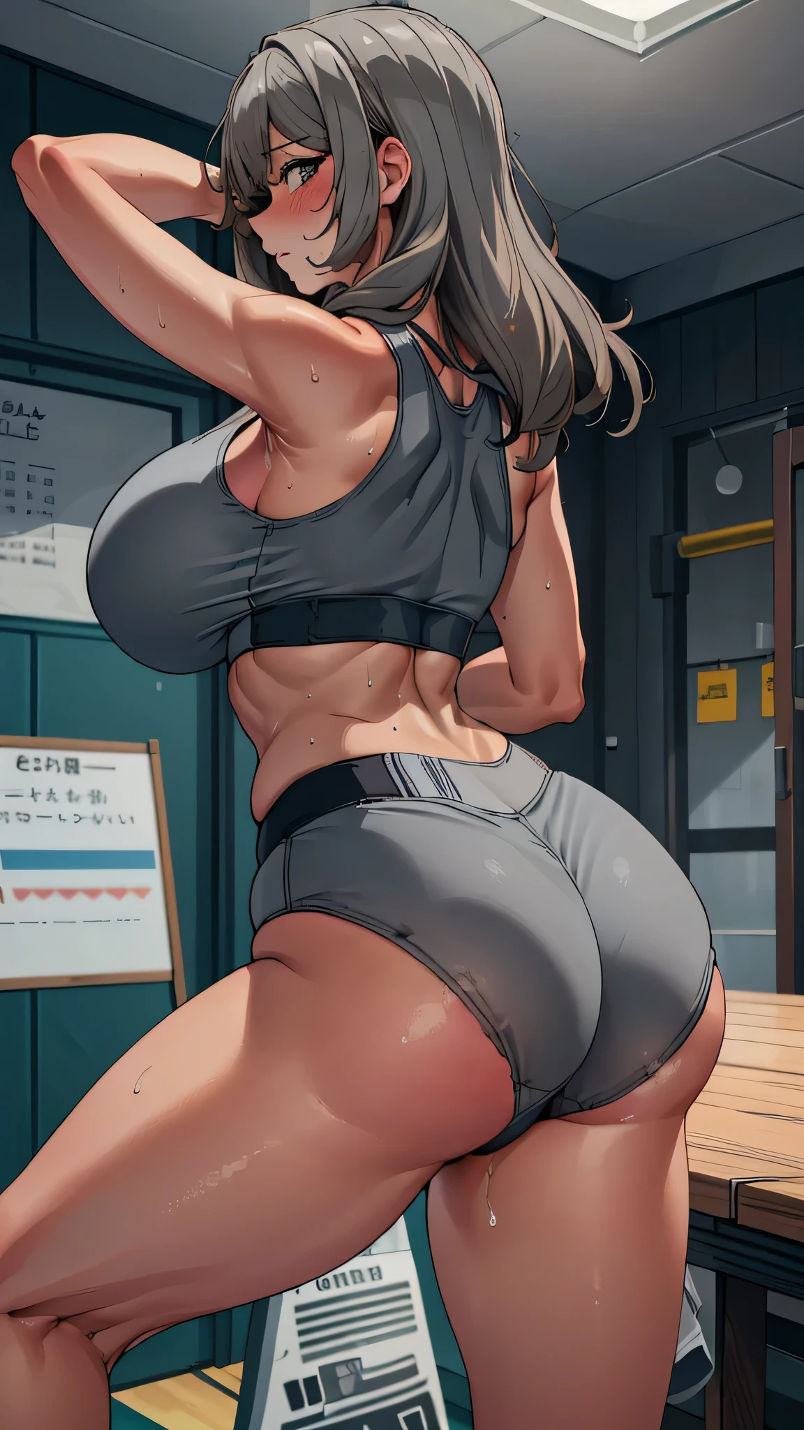 (melhor qualidade:1.3), (qualidade 4K), lisarnd, 、(((blush))),(Sweat), sexy pose, thicc thighs, huge breasts, (((((A Gray sexy Sports Bra)))))、(((Gray  micro sports panties))),  spreading legs, perfect anatomy, good anatomy, good composition, armpits, sweating, Mom, milf, thicc thighs, lubricant skin groin area, oily skin, red armpits, sweat armpits,    (((posterior view))、from behind、backs、((Standing))       