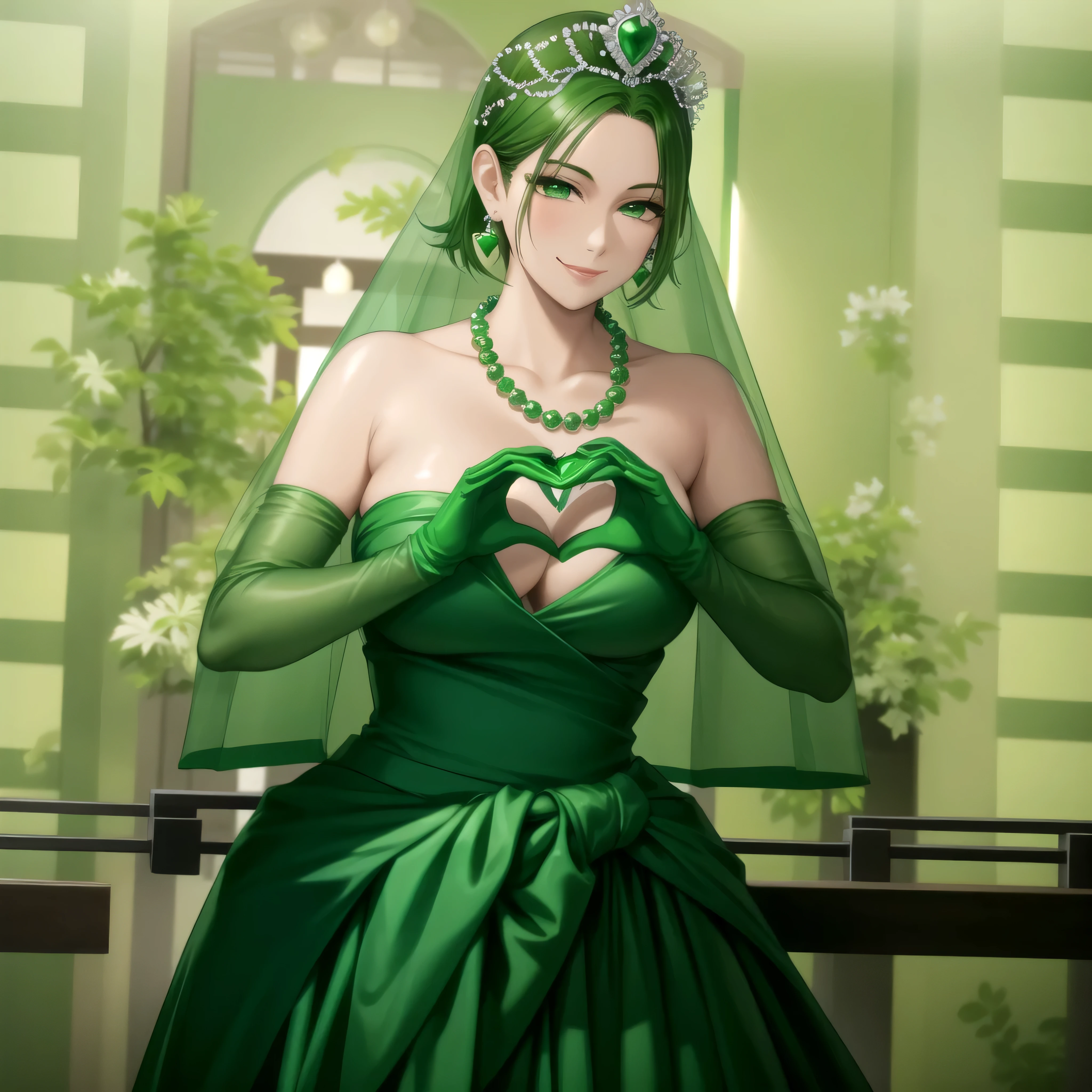 emerald tiara, green pearl necklace, boyish very short green hair, green lips, smiling Japanese woman, very short hair, Beautiful woman with , green eyes, green satin long gloves, green eyes, emerald earrings, green veil, Heart with both hands, green hair, beautiful japanese woman, heart shaped hands:1.3, green lip gloss