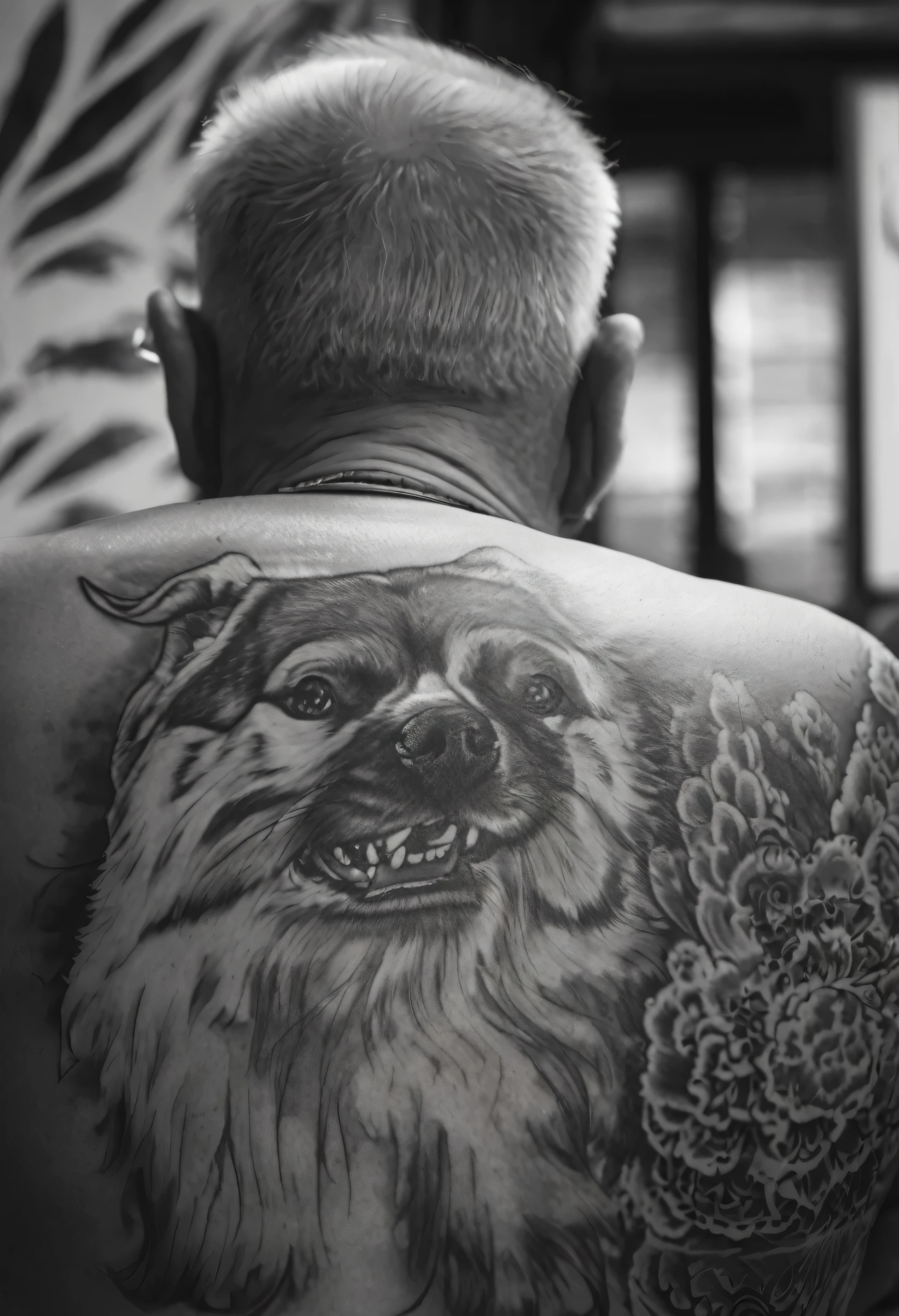 black and white photo of a mans back, having shiba inu tattooed on his back, close up