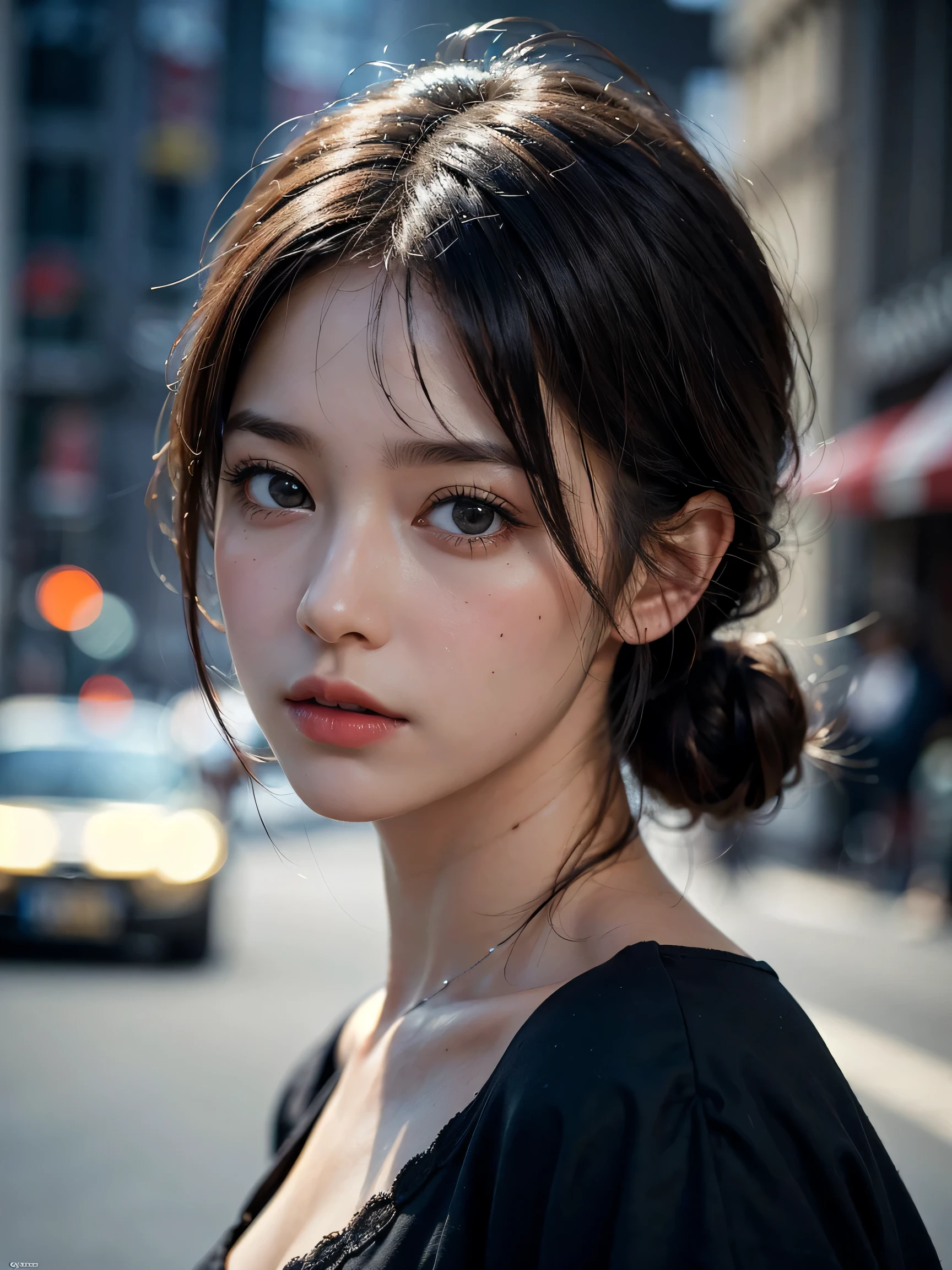 1girl, (looking at viewer:1.2), detail face, (a girl standing, rending on cgsociety, black shadows, streaming, new york backdrop), romanticism, atmospheric, (RAW photo, best quality), (realistic, photo-realistic:1.3), masterpiece, an extremely delicate and beautiful, extremely detailed,