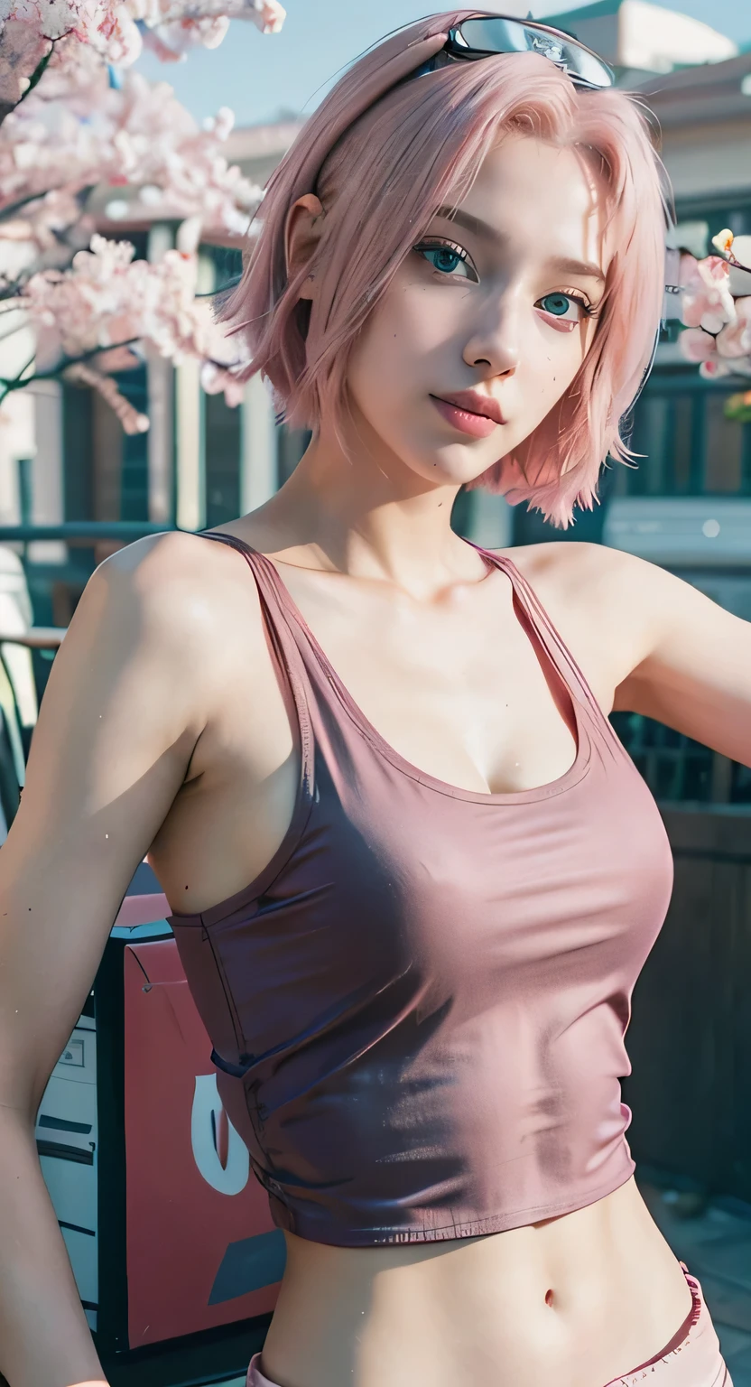 young woman, short shoulder-length pink hair, wide forehead, porcelain skin, pink eyebrows, big emerald green eyes, buttoned nose, full lips, heart-shaped face, slender body, small breasts, red tank top, Sakura Haruno , realistic, realism, details, 3d, well detailed