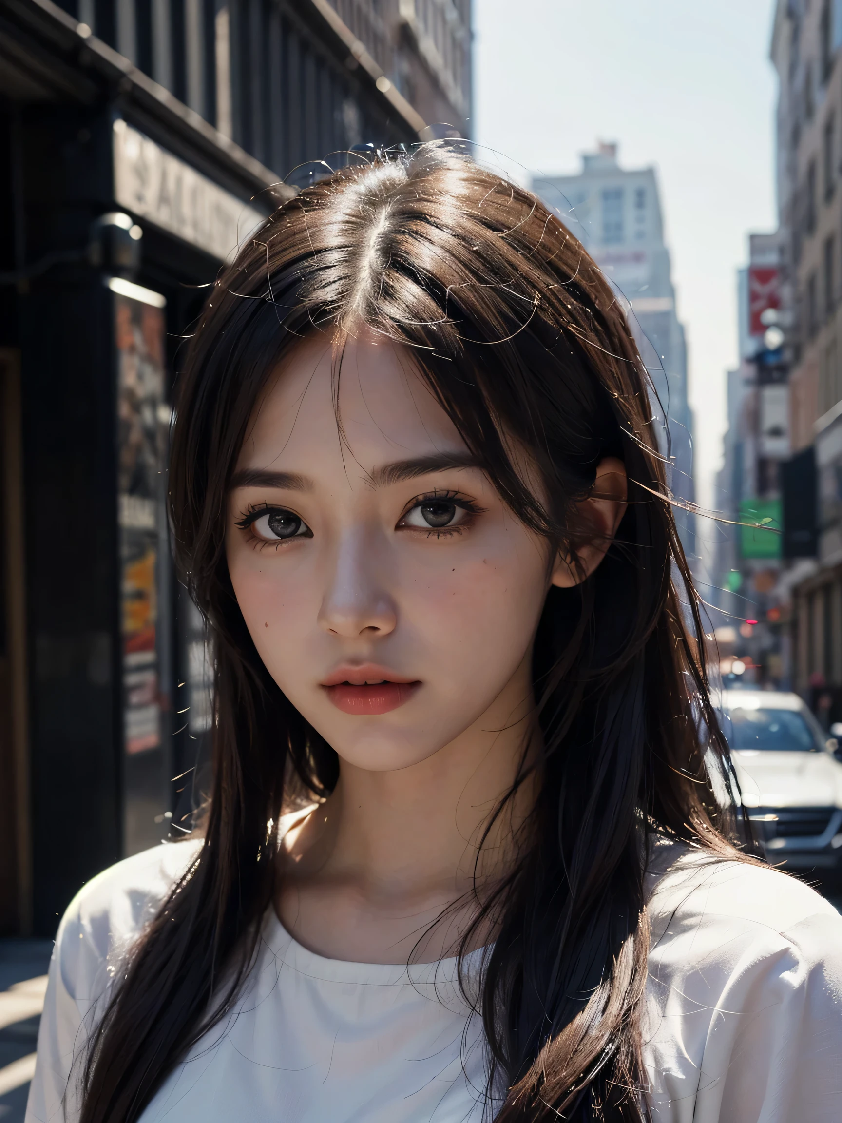 1girl, (looking at viewer:1.2), detail face, (a girl standing, rending on cgsociety, black shadows, streaming, new york backdrop), romanticism, atmospheric, (RAW photo, best quality), (realistic, photo-realistic:1.3), masterpiece, an extremely delicate and beautiful, extremely detailed,