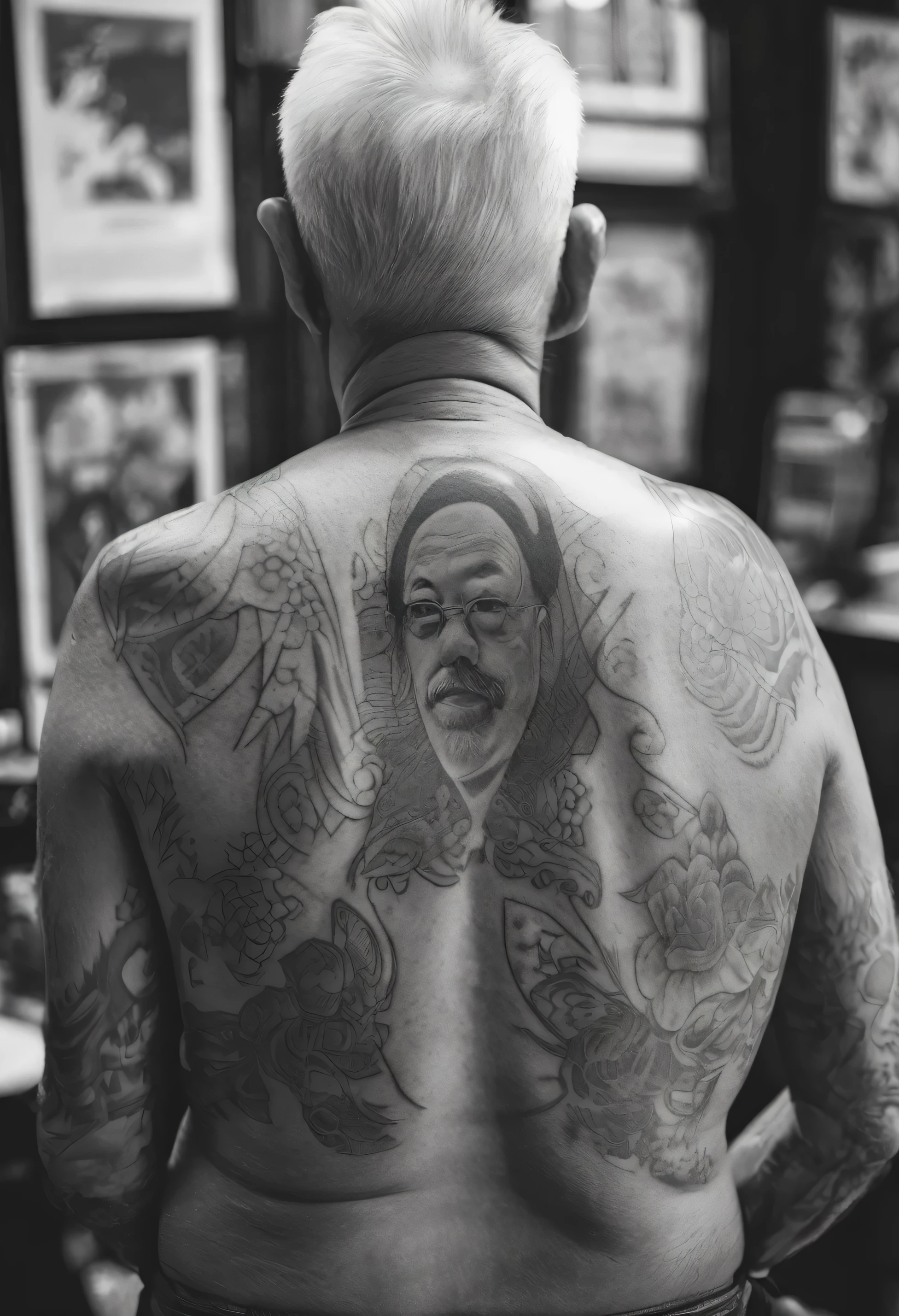 black and white photo of an oldmans back, having shiba inu tattooed on his back, close up