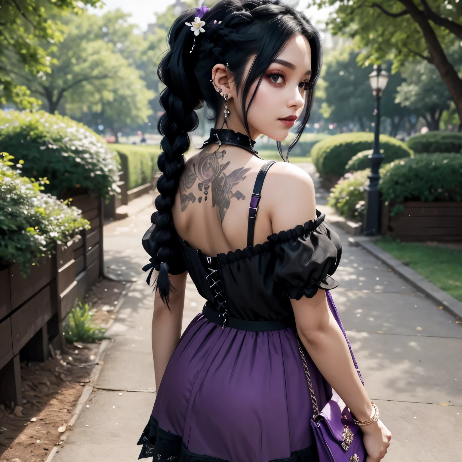 Summer day in the park (trees, flowers, sandy path),
Young woman(purple black hair), long braided pigtail reaching to the back, goth, consideration, black lace mini dress, white braids, bow, butt peeking out from under the skirt, black lace panties, earrings, look over the shoulder, panty shot, masterpiece, many details, high quality, black lipstick, purple eyeliner, handbag,