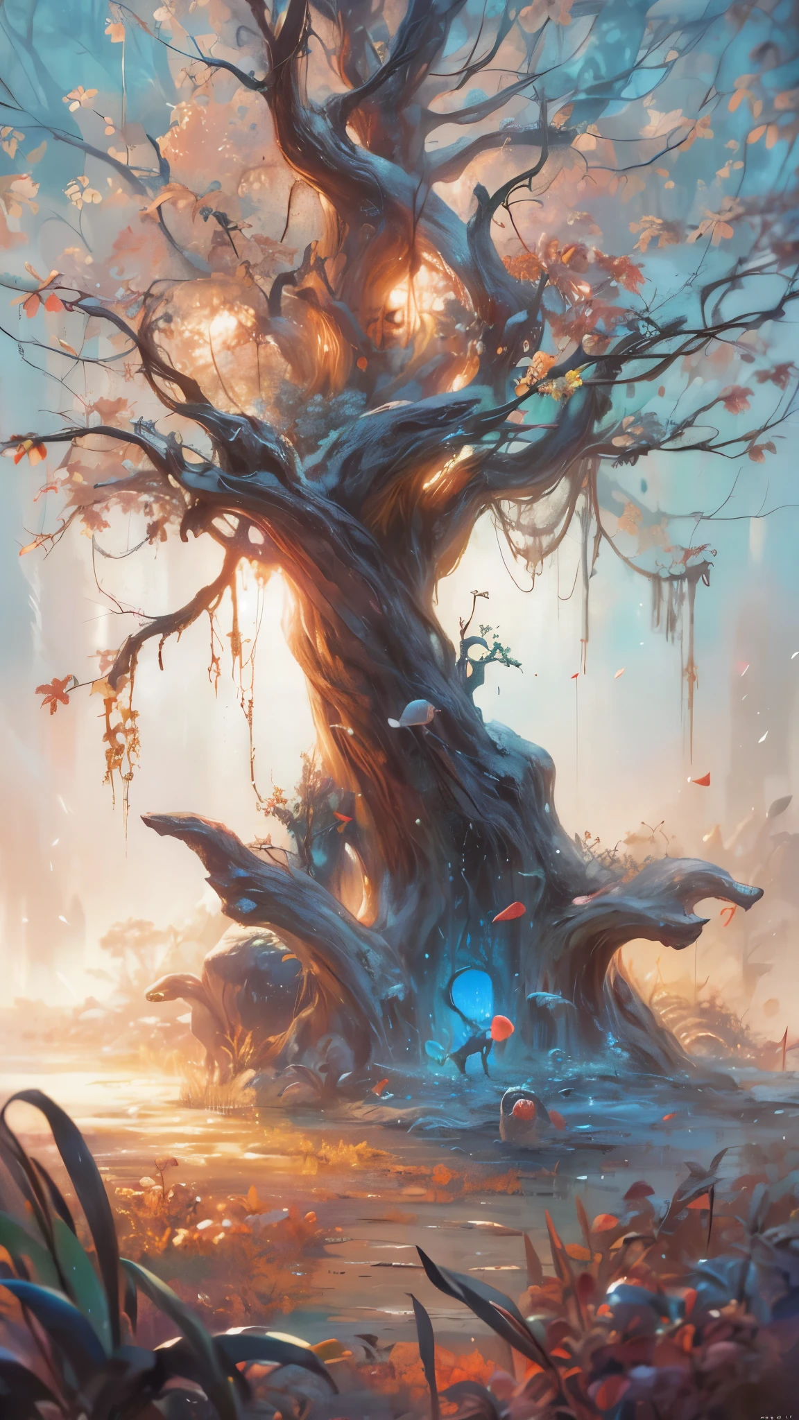 an ancient forest, with extreme delicacy、High quality digital presentation, Reach 8K resolution. The work has been highlighted on the ArtStation website for its sharp focus, Rich light changes, and a very complex and detailed central composition.. Inspired by artists like Lois van Baarle (Lois), Ilya Kuvshinov, and Studio Ghibli, The website is styled to present a chibi-kawaii aesthetic，Soft tones，watercolor.