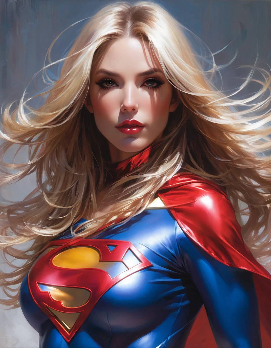 a woman with long hair wearing a Super girl costume, sexy painting of Super girl, hybrid of Super girl, stephen lau and artgerm, as seen on artgerm, artgerm julie bell beeple, stanley artgerm lau, artgerm and ben lo, portrait of Super girl, artgerm on artstation pixiv