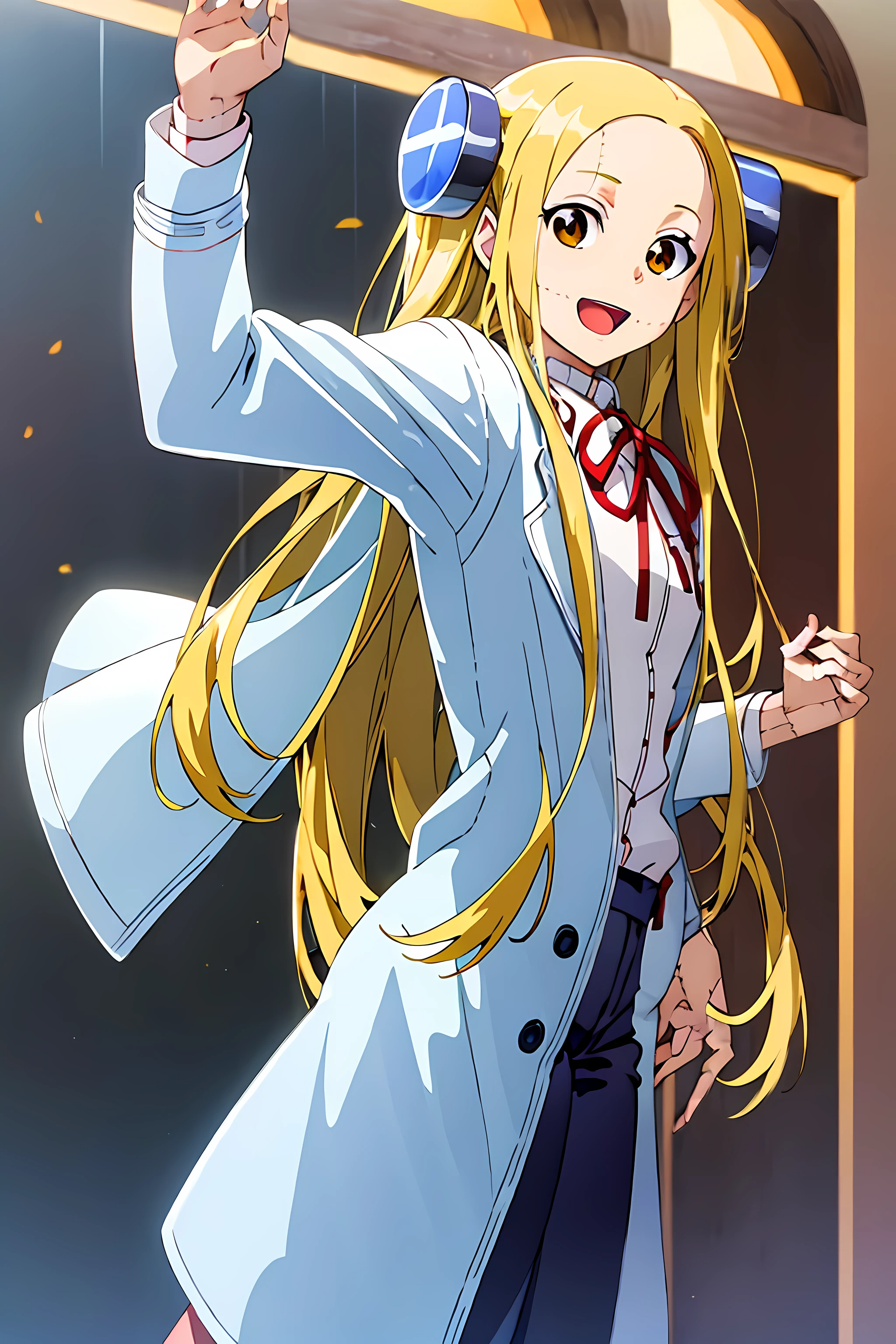 (highest quality:1.3),(ultra-become familiar with:1.5),High resolution,extremely become familiar with CG,unity 8k wallpaper,official art,become familiar with,super become familiar with skin,perfect anatomy,beautiful become familiar with eyes,(anime screenshot:1.11),very delicate and beautiful,(90s anime,90s anime style,cel shaded anime:1.17),1 girl,anmnr, 
((madaraki_fran:1.52)),Light blonde long hair,brown eyes,((((wearing a white coat)))),stitch,body scars,creepy look,open mouth smile,