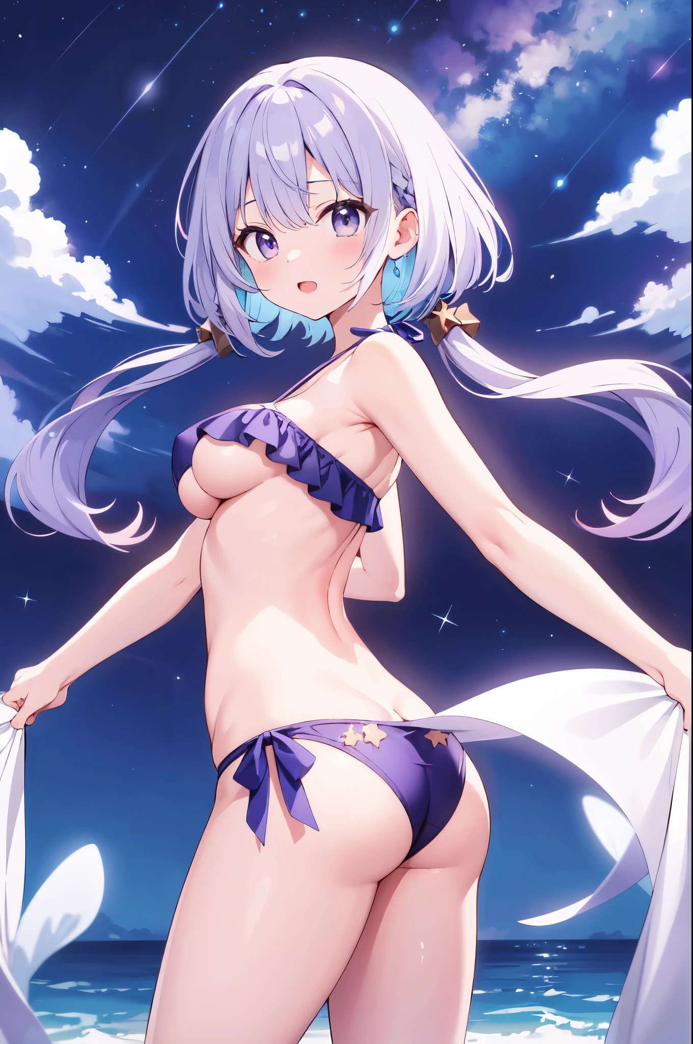 （masterpiece）、(highest quality)、((Super detailed))、(super delicate)、pastel colored hair、beautiful breasts、side boob、Beautiful butt、Eroi Bikini、Sea of night、fantastic starry sky