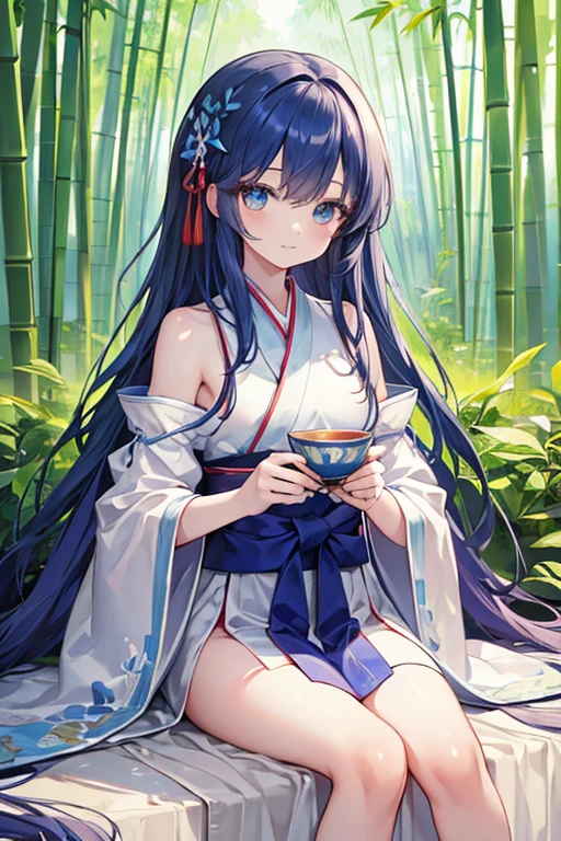 masterpiece, best quality, official art, 8k wallpaper, highly detailed, illustration, 1 girl, Azure hair, long hair, detailed eyes, forrest, bare shoulders, hanfu,lakes, pure, soft smile,bamboo,Tea