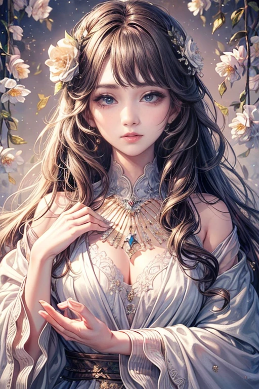 (highest quality,8K,cg),Upper body details,lonely girl,flower forest background,complex facial features,elegant long curly hair,large almond shaped eyes,detailed eye makeup,long eyelashes,twinkling stars,exquisite lip detail,soft and harmonious style.