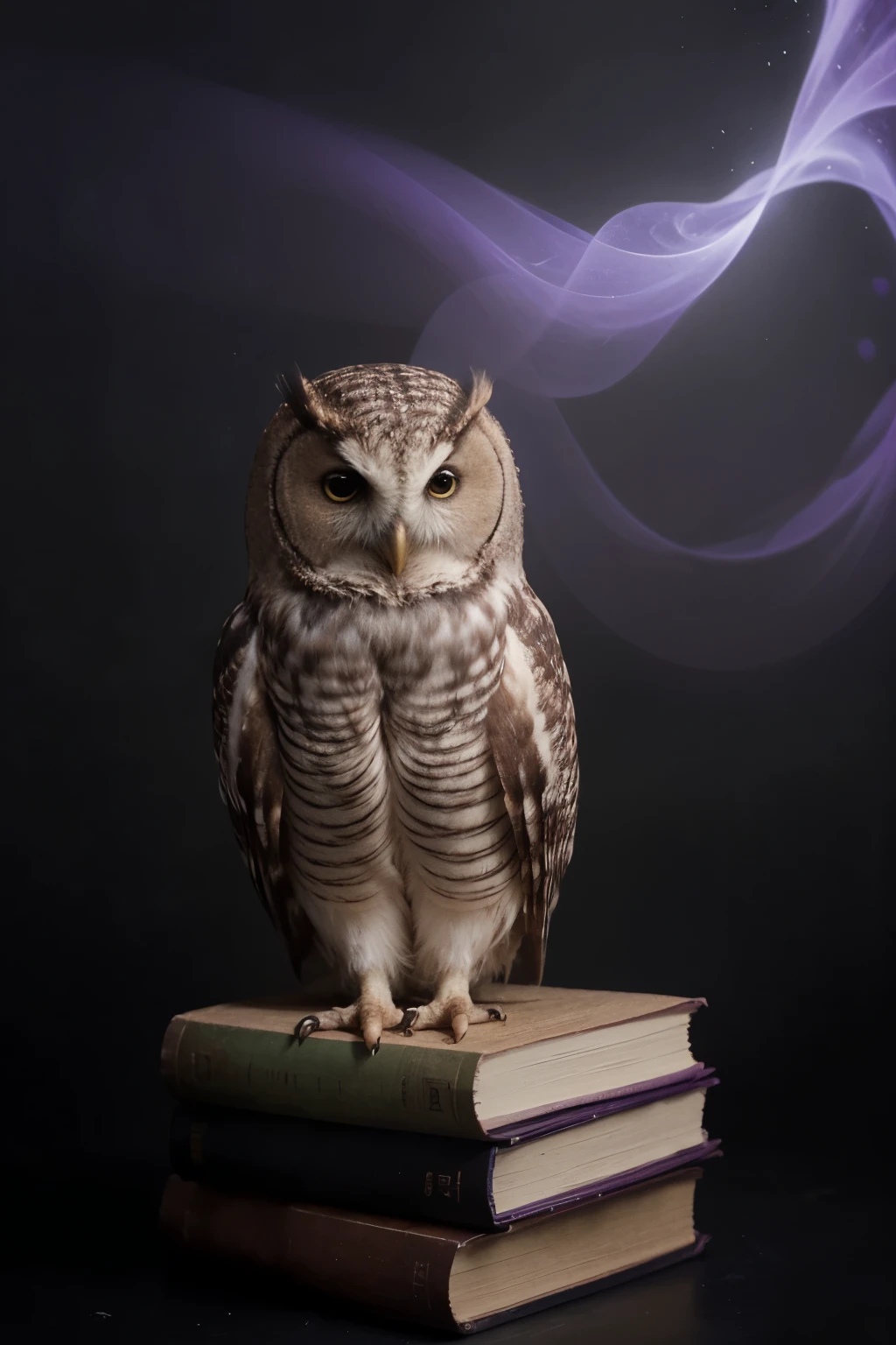 Illustrated image of an owl sitting on a book, the background is black and purple. ((Illustrated image of owl on a book)) ((black and purple background)) ((Misty aura)) ((Extremely detailed)) ((Best Quality)) ((masterpiece))