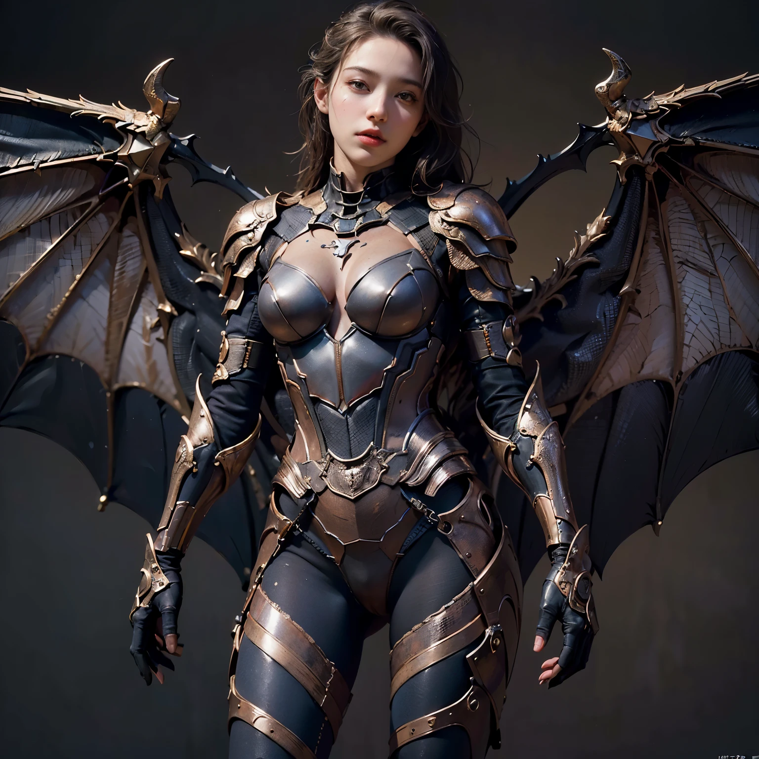 (best quality,4k,8k,highres,masterpiece:1.2),ultra-detailed,(realistic,photorealistic,photo-realistic:1.37),Bat wings,Spider body,Human upper body,Beautiful girl,17 years old,Armor,Android,Super detailed,Super realistic,Photorealistic